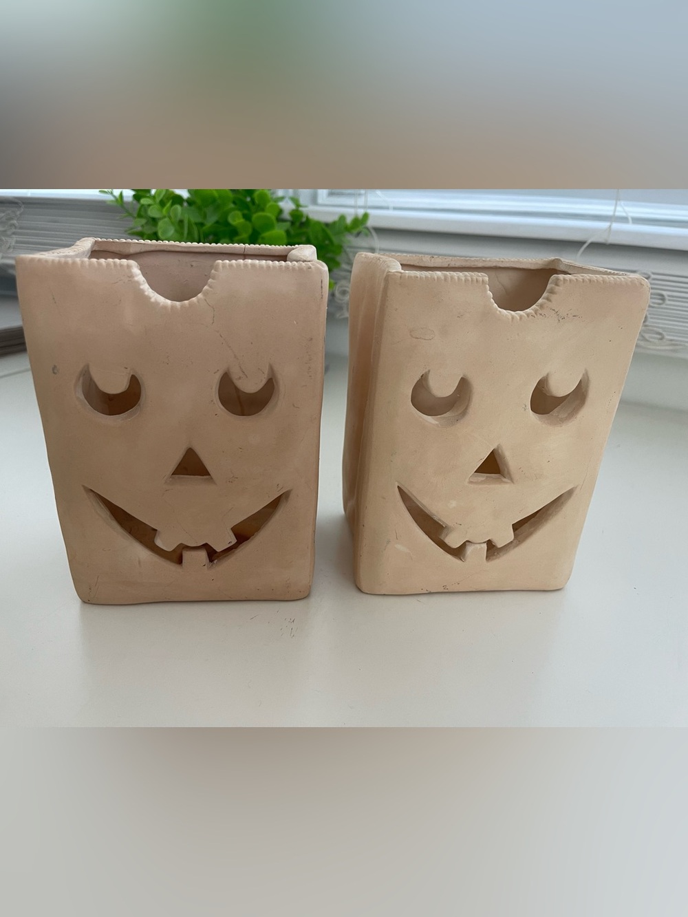 2 Ceramic Paper Bag Pumpkin Jack-O-Lantern Halloween Tealight Luminaries